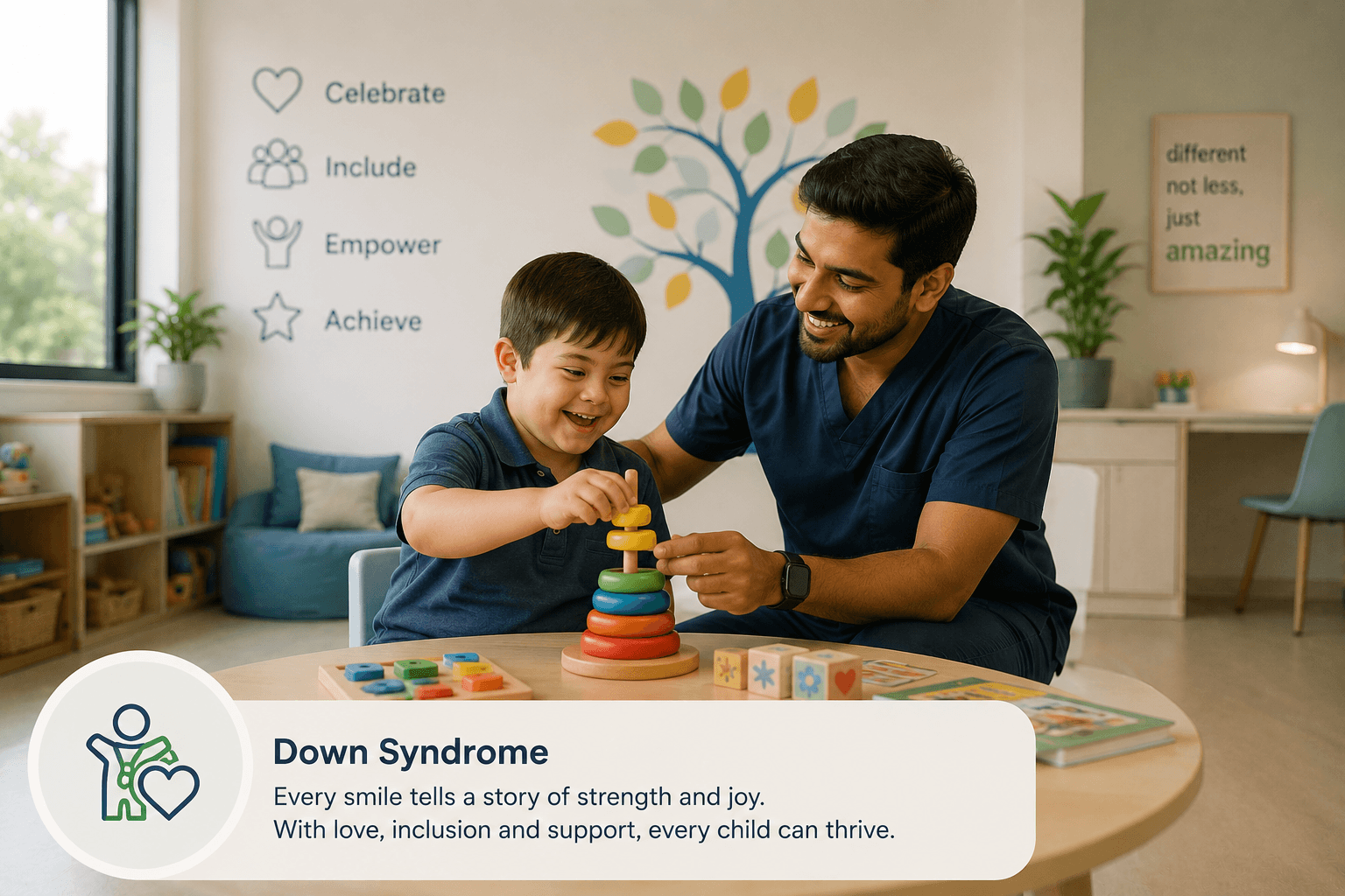 Child with Down syndrome in therapy at Meditron, Vijayawada