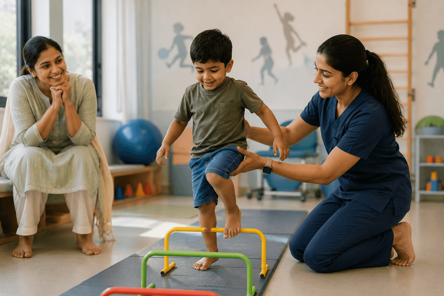 Mother watching her child during physiotherapy session at Meditron, Vijayawada