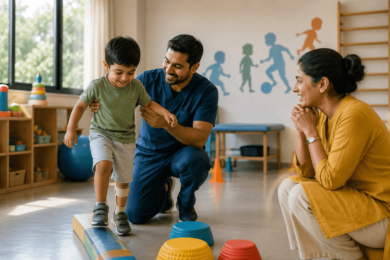 Father observing his child's balance therapy session at Meditron Child Development Centre