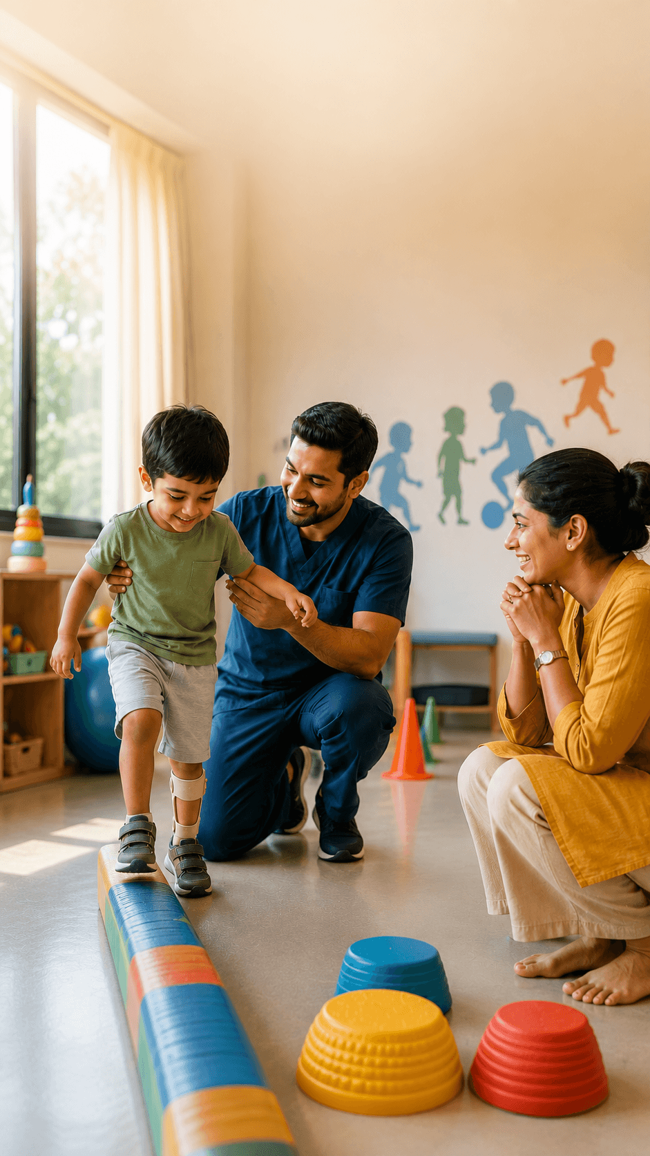 Mother watching her child during physiotherapy session at Meditron, Vijayawada